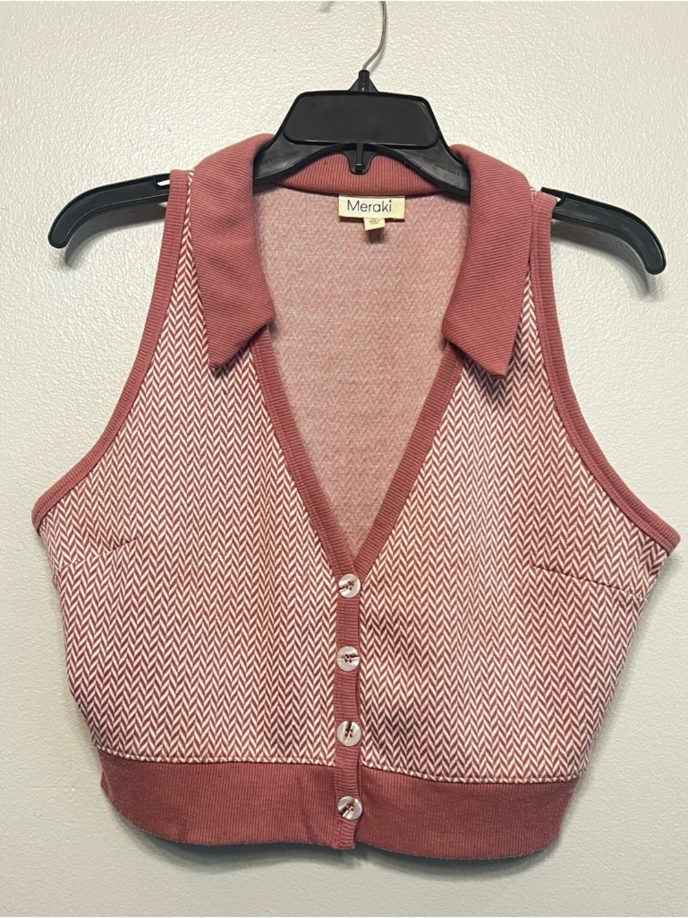 meraki Dusty Rose‎ & Cream Herringbone Collared Crop Top V Neck Tank Vest Retro